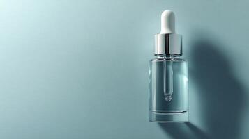 Clear serum dropper bottle showcasing skincare product on a minimalist background in bright light photo