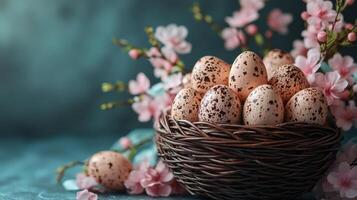 Decorative chocolate eggs in a woven basket surrounded by flowers and ribbons during spring celebration photo