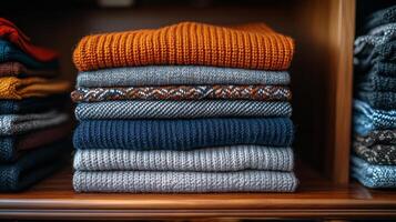Cozy sweaters and neatly folded clothes displayed on wooden shelves in a stylish wardrobe photo