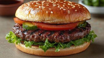 Delicious gourmet burger with fresh toppings served on a wooden board at a rustic restaurant photo