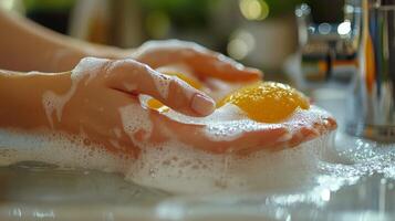 Washing citrus fruit with soap and water in a clean kitchen sink during daylight photo