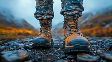 Boots stand firmly in muddy terrain during an outdoor activity in a rugged landscape photo