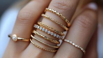 Elegant gold rings with emerald stones displayed on a hand against a cozy knitted sweater backdrop photo