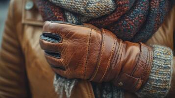 Warm brown leather gloves on person bundled in cozy scarf and jacket during chilly weather photo