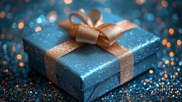 Attractive gift box with a shiny bow surrounded by colorful lights photo