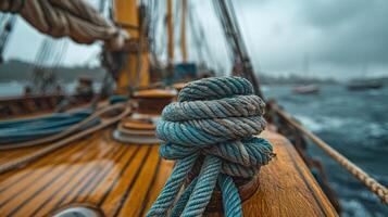 Sailing through majestic mountains with coiled rope on deck near the water during dusk photo