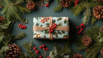 Wrapped holiday gift with festive decorations and pinecones on a cozy table setting photo
