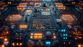 Control panel of an aircraft cockpit illuminated with orange and blue lights at night photo