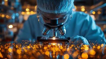 Scientist examining specimen under microscope in laboratory during daytime hours photo