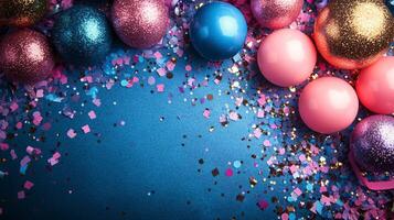 Colorful party hat and confetti create a festive atmosphere for celebrations photo
