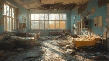 Abandoned hospital room showcasing decay and neglect in an old facility photo