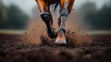 Horse galloping through muddy ground on an overcast day in rural landscape photo