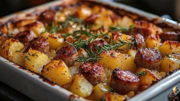 Hearty roasted sausage and potato dish with herbs in a rustic kitchen setting photo