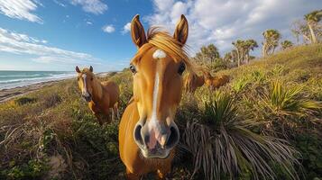 Close up view of a curious horse in a green pasture on a sunny day photo