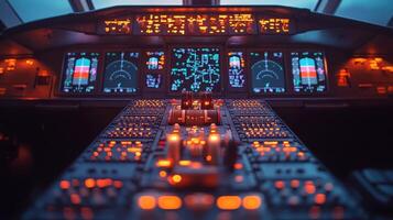 Cockpit view of an aircraft during night takeoff at a busy airport photo