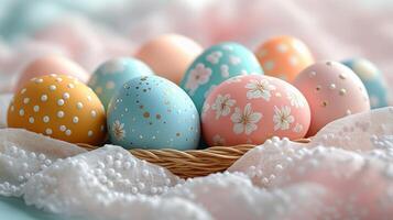 Colorful Easter eggs in a decorative basket on a spring-themed table setting photo