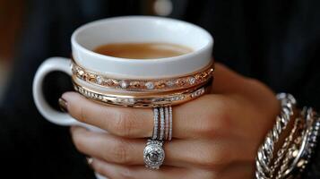 Elegant hand holding a coffee cup adorned with beautiful rings and bracelets in a cozy setting photo