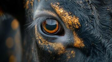 Close-up view of a cow's eye revealing intricate details and unique patterns in a natural setting photo