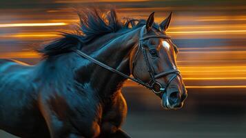 Black horse galloping through a forest trail during autumn season photo