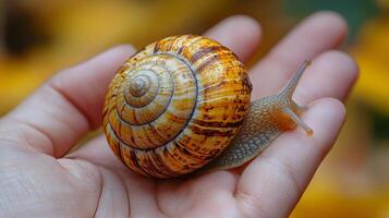 Intricate seashell held in hand against a backdrop of warm autumn colors photo