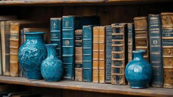 Elegant bookshelf filled with antique books and decorative vases in a cozy living room setting photo