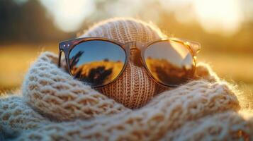 Stylish sunglasses resting on knitted fabric illuminated by warm sunlight photo