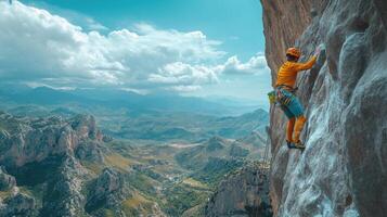 Climber ascending a steep rock face with scenic fjord view in Norway photo