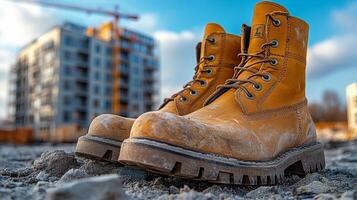 Worksite boots covered in mud during construction project on a busy urban site photo