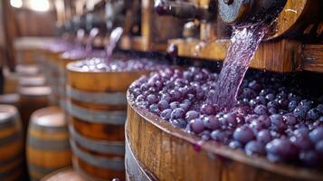 Grapes being crushed and processed in wooden barrels at a winery during harvest season photo