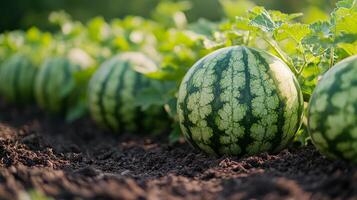 Watermelon growing in a field under sunlight with vibrant green plants around photo