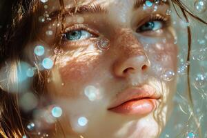 Captivating underwater portrait of a young woman surrounded by shimmering bubbles photo