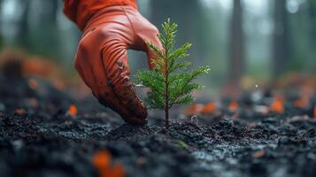 Planting a young tree in a forest area for reforestation efforts during spring season photo
