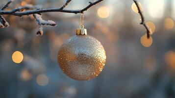 Frosted Christmas ornament hanging on a snowy branch during winter photo