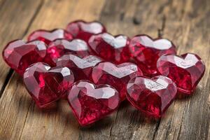 Red heart-shaped gems scattered on a rustic wooden surface creating a romantic ambiance photo
