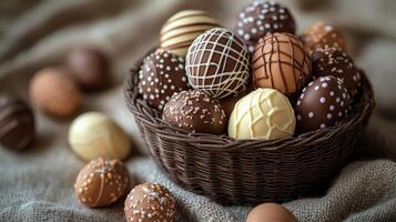 Colorful decorated eggs in a wicker basket on a soft pink cloth for spring celebrations photo