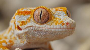 Close-up of a colorful gecko resting on textured rock during daylight hours photo