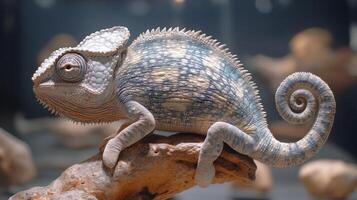 Unique chameleon with colorful scales perched on a branch in a forest setting photo