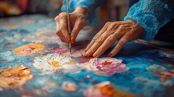 Artistic expression with vibrant colors using a brush on canvas in a creative environment photo