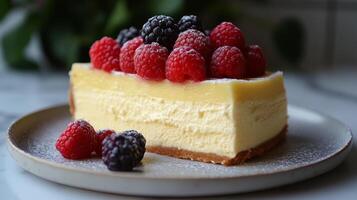 Creamy cheesecake topped with fresh berries served on a white plate in a cozy cafe setting photo