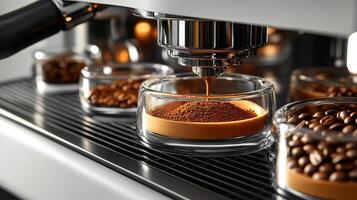 Brewing espresso with fresh coffee beans in a modern coffee machine at a cafe photo