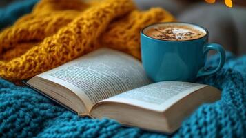 Coffee cup resting on open book with natural light illuminating the cozy reading space photo