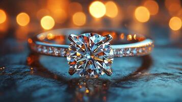 Sparkling diamond engagement ring displayed on a reflective surface with shimmering background lights photo