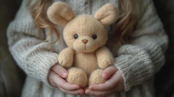 Child holding a soft teddy bear while sitting indoors in cozy sweater photo