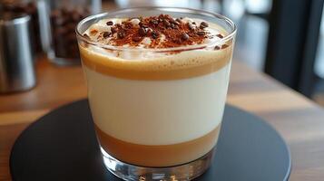 Delicious layered coffee beverage with whipped cream and cocoa sprinkle on wooden table photo