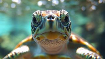 Marine turtle swims gracefully in clear tropical waters of the ocean near vibrant coral reefs photo