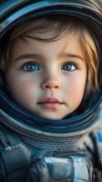 Child in astronaut suit poses with a curious expression and bright blue eyes photo