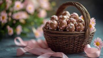 Decorative chocolate eggs in a woven basket surrounded by flowers and ribbons during spring celebration photo
