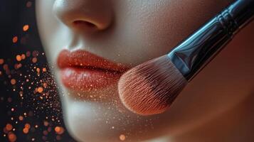 Makeup brush resting on loose powder with a blurred background of cosmetics photo
