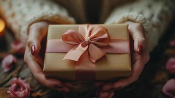 Gift wrapped in brown paper with gold ribbon held by a person in a cozy sweater photo