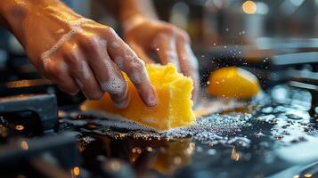 Hands scrubbing a kitchen countertop with a sponge and soap during cleaning chores in bright condition photo